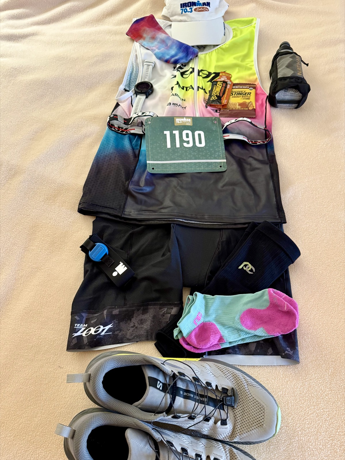 My run kit laid out the night before the race, race bib number 1190 on top